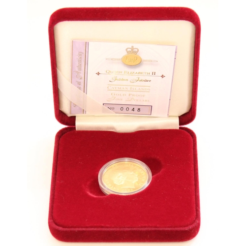 258 - Royal Mint 2002 Cayman Islands ERII Golden Jubilee Gold Proof $5, in original box with cert.