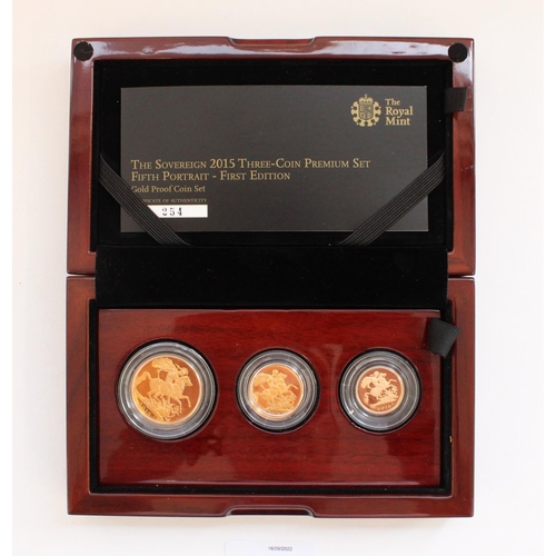 266 - The Sovereign 2015 Three Coin Gold Proof Premium Set, Fifth Portrait First Edition.  Encapsulated wi... 
