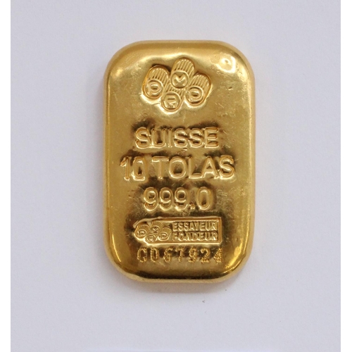 268 - 24ct 10 Tola (116.6g) gold bullion bar, stamped with PAMP Swiss assay mark, serial number C067924