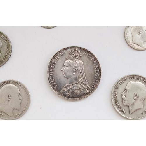 312 - Selection of GB pre-1920 silver content coinage to include 1889 full crown, 1913 half crown, worn go... 