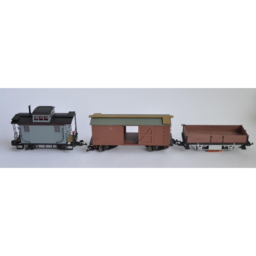 677 - 3 G-gauge railway wagons, 1 by Bachmann, 2 by Aristo including a track cleaning wagon. Both brown wa... 