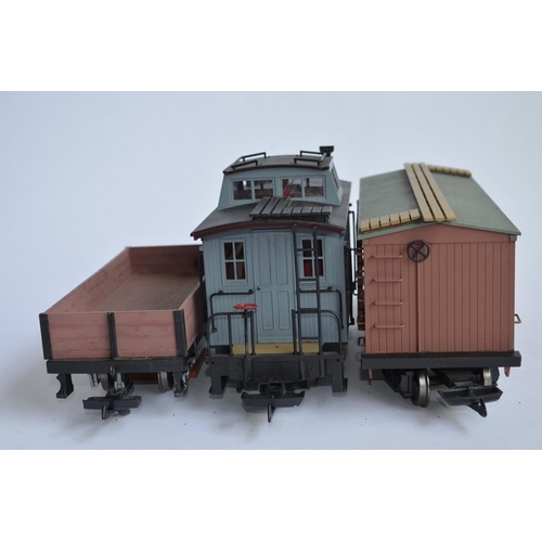 677 - 3 G-gauge railway wagons, 1 by Bachmann, 2 by Aristo including a track cleaning wagon. Both brown wa... 