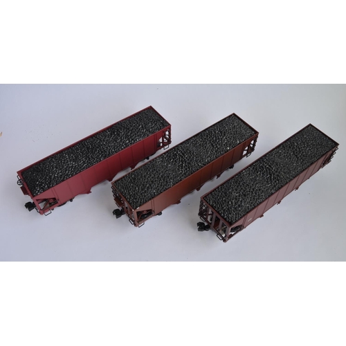 681 - 3 Boxed Bachmann G gauge 3 bay hopper cars, 2 re-painted, markings removed, new ones added etc in fa... 