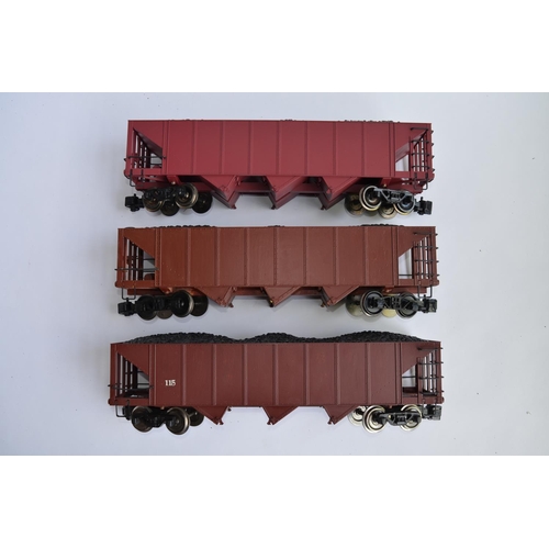 681 - 3 Boxed Bachmann G gauge 3 bay hopper cars, 2 re-painted, markings removed, new ones added etc in fa... 