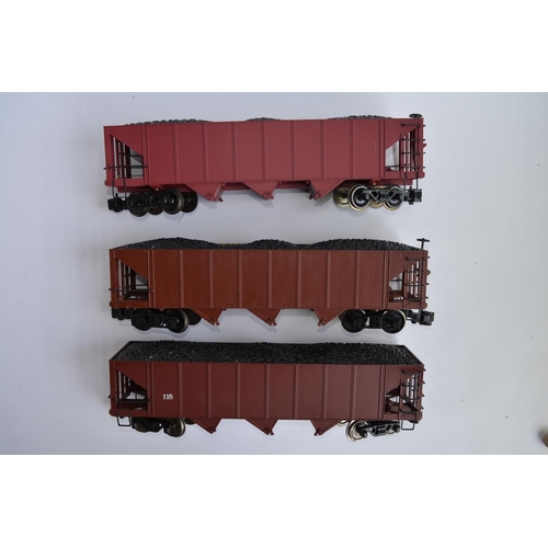 681 - 3 Boxed Bachmann G gauge 3 bay hopper cars, 2 re-painted, markings removed, new ones added etc in fa... 