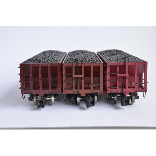 681 - 3 Boxed Bachmann G gauge 3 bay hopper cars, 2 re-painted, markings removed, new ones added etc in fa... 