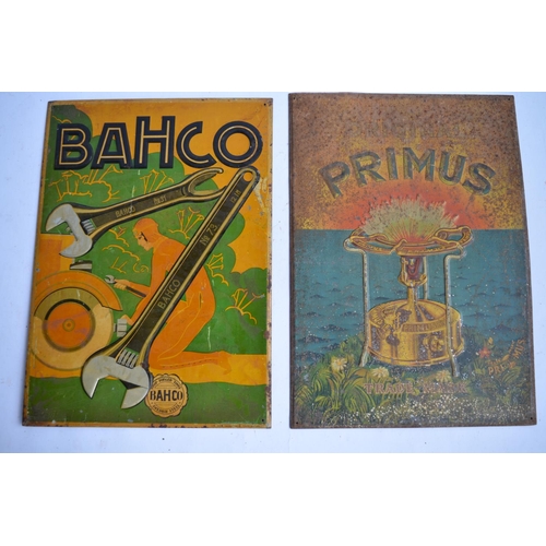 964 - 2 pressed relief metal plate advertising signs, Bahco Drop Forged Tools (W24.2xH33.7cm) and Primus c... 