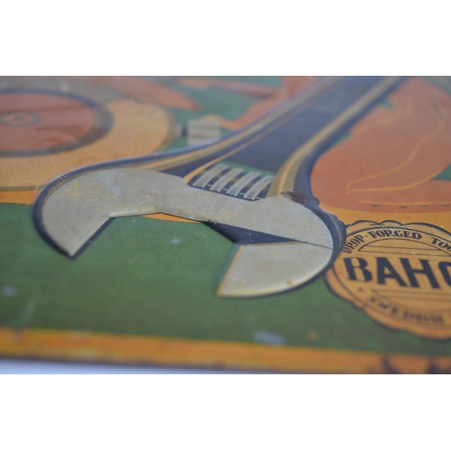 964 - 2 pressed relief metal plate advertising signs, Bahco Drop Forged Tools (W24.2xH33.7cm) and Primus c... 