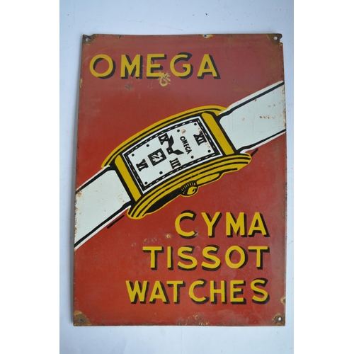 979 - An enamelled steel plate Omega Cyma Tissot Watches advertising sign.
H51.8xW35.7cm