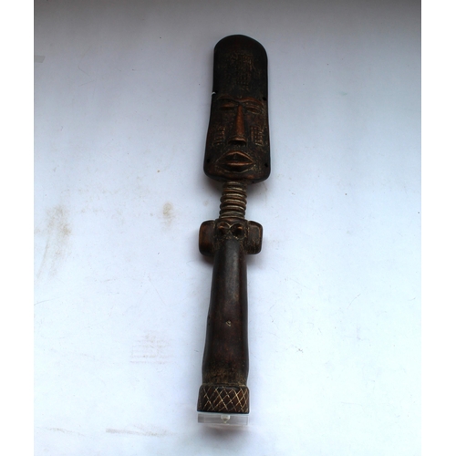 148 - Carved wooden African figure of female with neck rings and elongated head