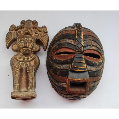 150 - African wooden ceremonial mask, South American pottery figure, possibly depicting a God