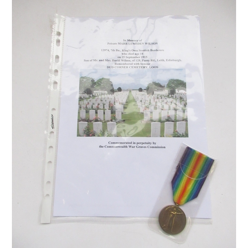 104 - Victory medal with CWGC research paperwork for 13974 Pte Marr Lumsden Wilson of The King's Own Scott... 