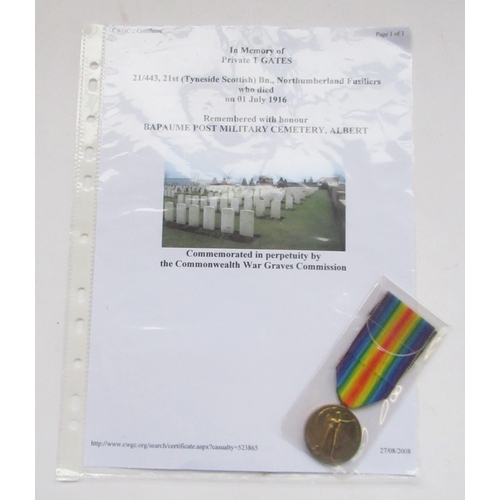 107 - First Day of the Battle of the Somme medal -Victory medal with CWGC research paperwork for 21/443 Pt... 