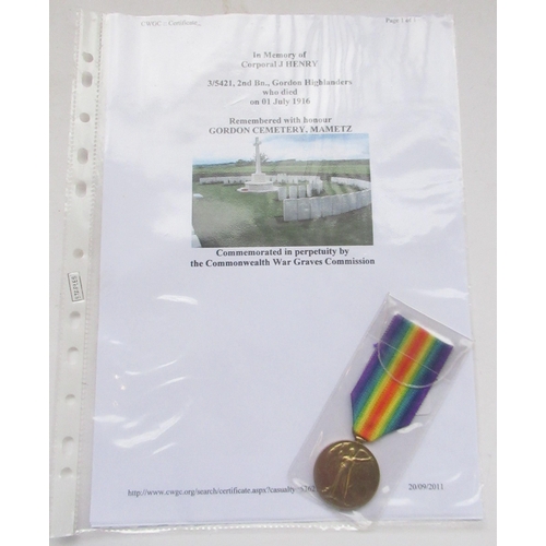 109 - First Day of the Battle of the Somme medal - Victory medal with CWGC research paperwork for 3/5421 C... 