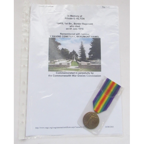 110 - First Day of the Battle of the Somme medal - Victory medal with CWGC research paperwork for 19405 Pt... 