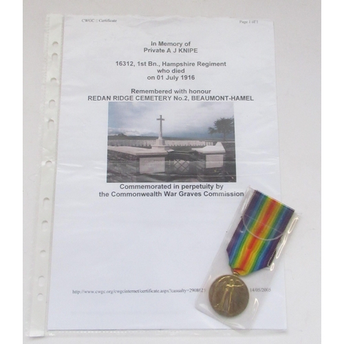 112 - First Day of the Battle of the Somme medal - Victory medal with CWGC research paperwork for 16312 Pt... 