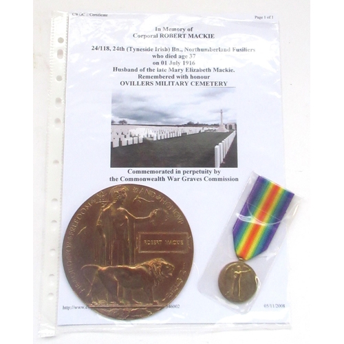 113 - First Day of the Battle of the Somme medal - Victory medal and WWI bronze memorial plaque (death pen... 