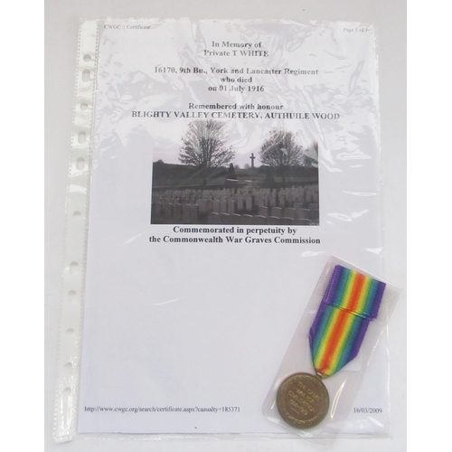 114 - First Day of the Battle of the Somme medal - Victory medal with CWGC research paperwork for 16170 Pt... 