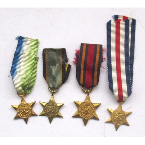 62 - Collection of four miniature Star medals - Atlantic Star, France Star, Germany Star, Burma Star and ... 