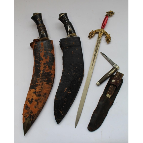 167A - Pair of Kukri's, reproduction dagger, bone handled pen knife, antler handled sheath knife (5)