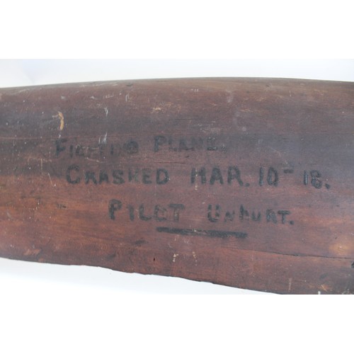 239 - WWI Fighter plane relic propeller, inscribed 'Crashed March 1918, pilot unhurt' L66cm