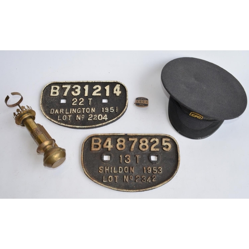 797 - 2 cast iron wagon plates, Darlington 1951 and Shildon 1953 (both approx 28cm across), a vintage GWR ... 