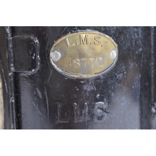 804 - A vintage LMS railway lamp with brass plate attached 'LMS 48770'. Height to handle top 29cm.