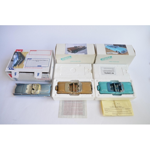 866 - 3 1/24 diecast model cars:
2 x Danbury Mint 1958 Chevy Impalas, one blue, the other gold, both with ... 