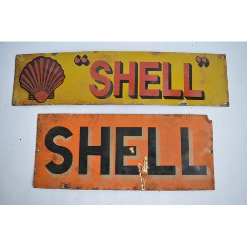 954 - 2 enamelled steel plate Shell advertising signs.
Top: W61xH15.2cm
Bottom: W48.1xH20.2cm