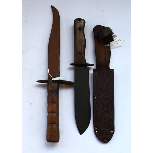 166 - Unusual wooden handled clip bladed knife and a military survival knife