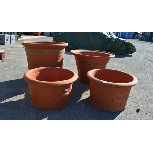 1227 - 4 terracotta pots, 2 with Greek style rim pattern, and 2 with walking cats, Largest D44cm, H38cm (8)