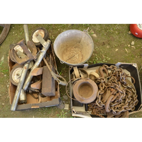 1234 - Jockey wheels, steel pulley, galvanized bucket, cobblers last, glue pot, tractor tow train etc