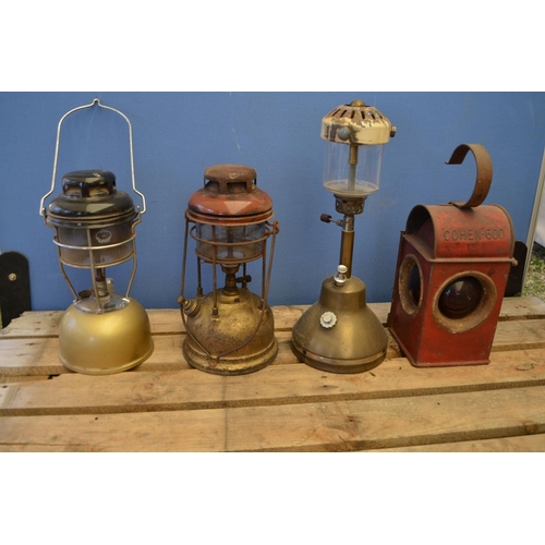 1235 - 5 lamps - 2 brass bodied Tillys, workman's Cohen 600 and yellow lamps, unusual paraffin lamp