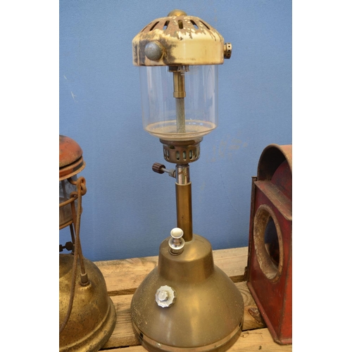 1235 - 5 lamps - 2 brass bodied Tillys, workman's Cohen 600 and yellow lamps, unusual paraffin lamp