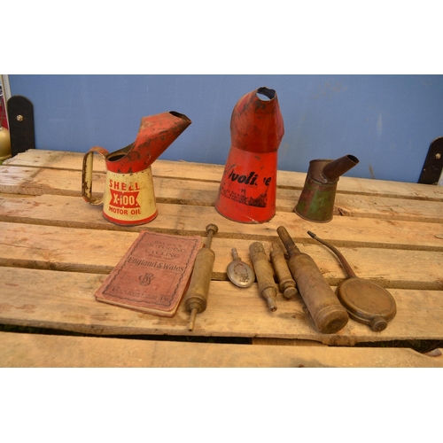 1239 - 3 small oil cans from Shell, Castrol, etc, small oil dropper and lubricating equipment, Bacon's Moto... 