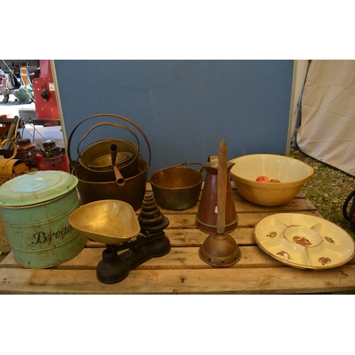 1240 - Kitchenalia including jam pots, weighing scales, posser, large mixing bowl etc