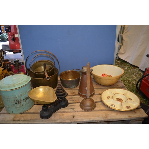 1240 - Kitchenalia including jam pots, weighing scales, posser, large mixing bowl etc