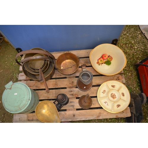 1240 - Kitchenalia including jam pots, weighing scales, posser, large mixing bowl etc