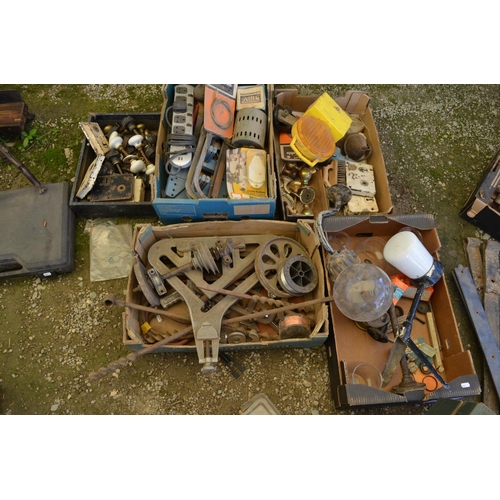 1244 - Collection of tools and accessories including a pulley wheel, door handles, vintage lights etc