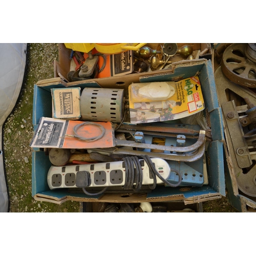 1244 - Collection of tools and accessories including a pulley wheel, door handles, vintage lights etc