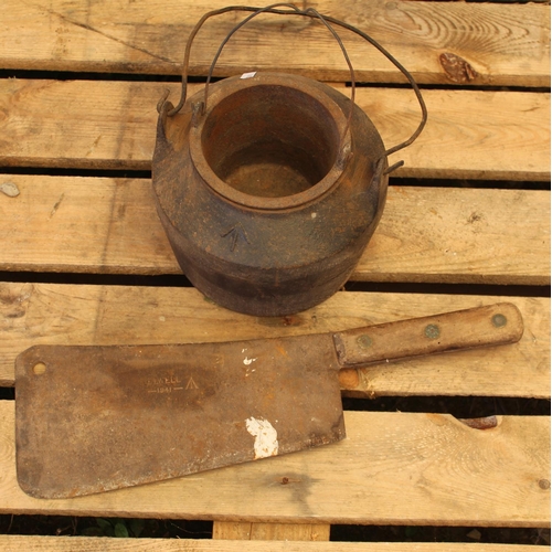 1250 - Elwell meat cleaver with military arrow dated 1941, iron glue pot with military arrow (2)