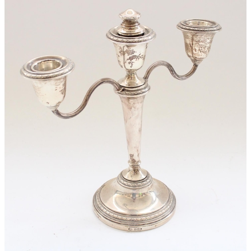 640 - ERII hallmarked silver three branch candelabra with detachable S shape arms on trumpet body and step... 