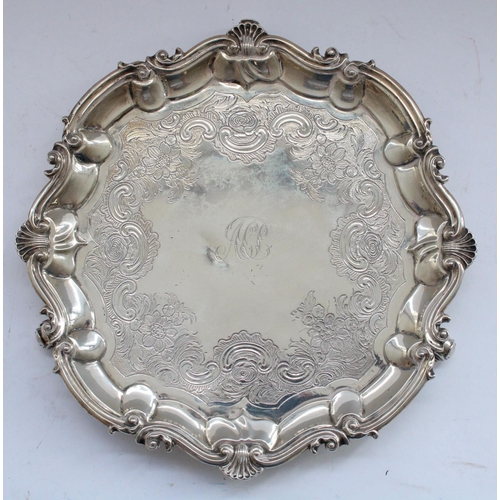 641 - William IV hallmarked silver salver with shell and scroll border, body later engraved in a rose and ... 