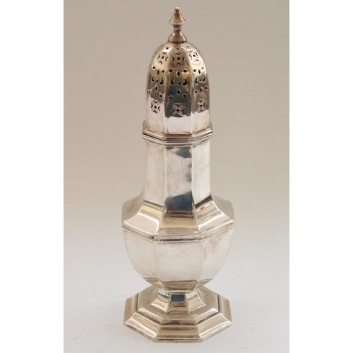 643 - Geo.V period hallmarked silver sugar caster in an octagonal baluster form with reticulated domed lid... 
