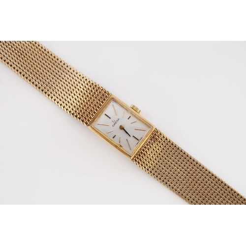 677 - Ladies Omega 9ct gold cased hand wound dress watch, signed silvered frosted dial with applied hour m... 