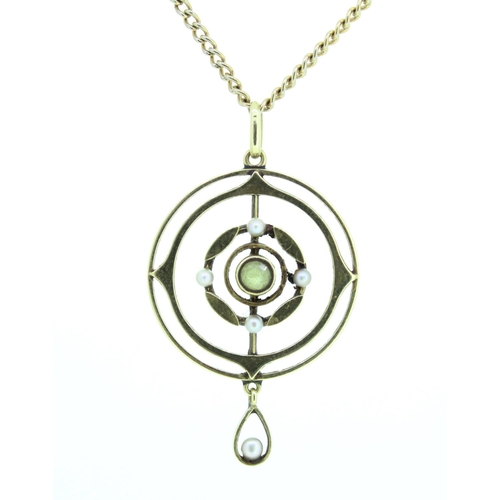696 - 15ct yellow gold Art Nouveau pendant set with peridot and seed pearls, stamped 15ct, 3g, on yellow m... 