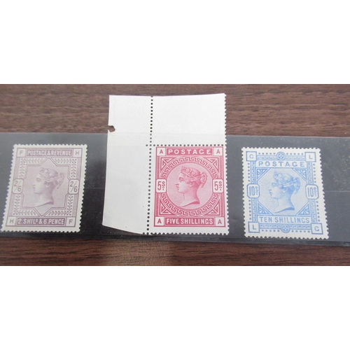 716 - Victoria, 2s 6d lilac, five shillings crimson with margin, 10s ultramarine, (3) (sg58,59,60) unused