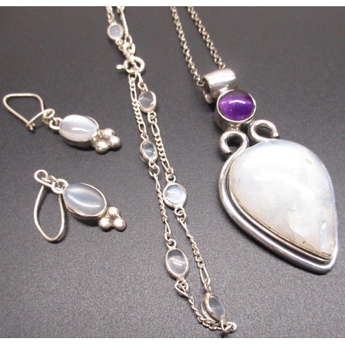 10 - Hallmarked Sterling silver necklace set with oval cut moonstone, stamped 925, with matching drop ear... 