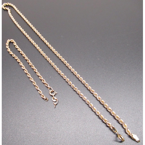 5 - 9ct yellow gold rope twist chain necklace, L46cm, and a matching bracelet (A/F), L20cm, 6.8g