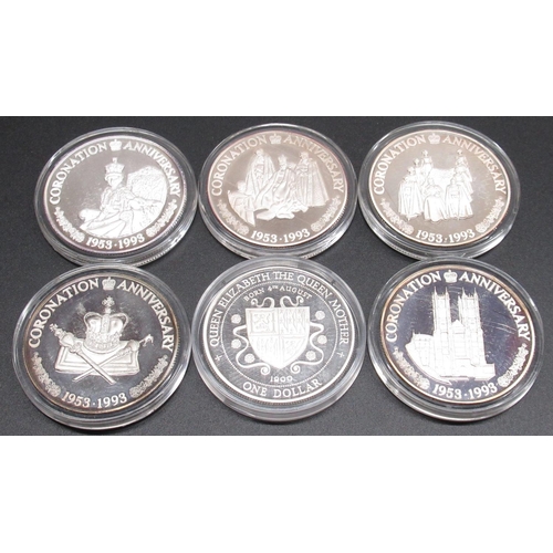 1136 - Five silver proof Coronation Anniversary coins - Turks and Caicos Is 20Crowns and Queen Mother 1 Dol... 